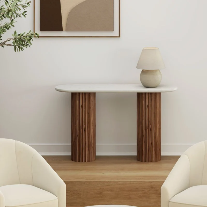 Table console en marbre blanc et bois de manguier - Jilsa