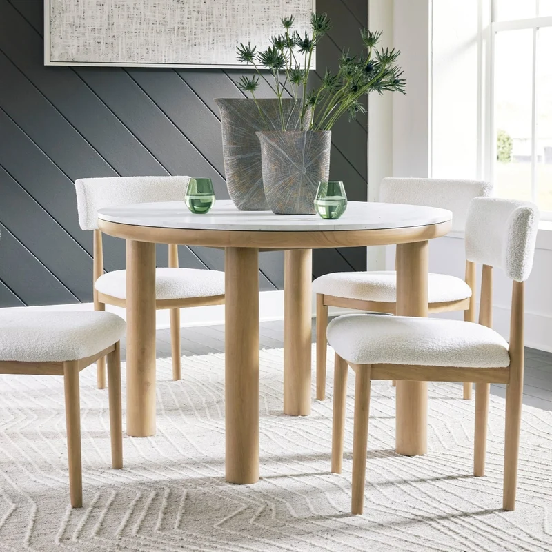 Table de salle à manger ronde en faux marbre blanc - Sawdyn