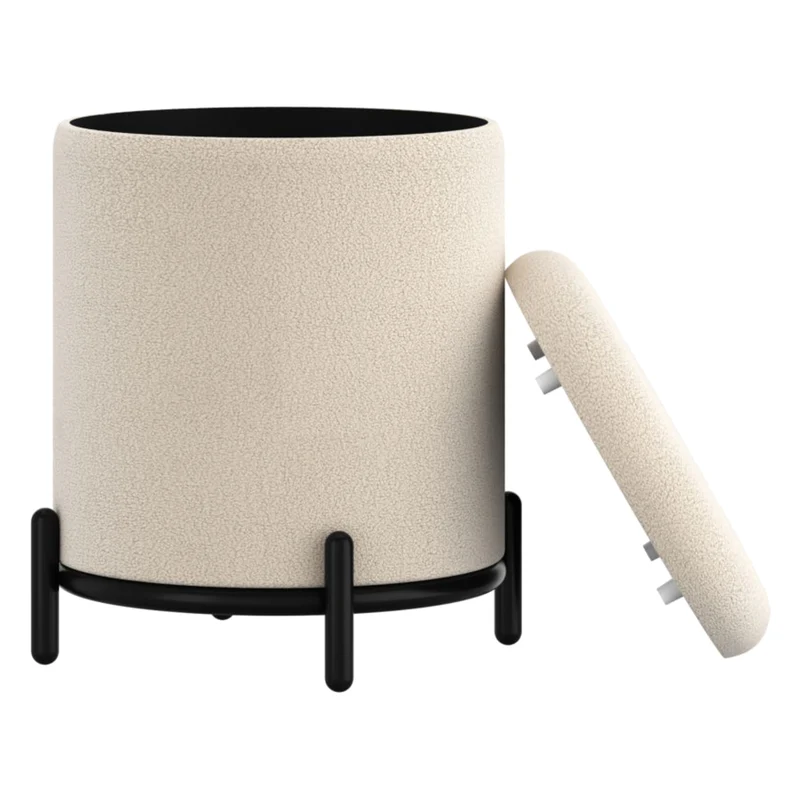 Pouf de rangement en tissu bouclé et métal noir - Castor