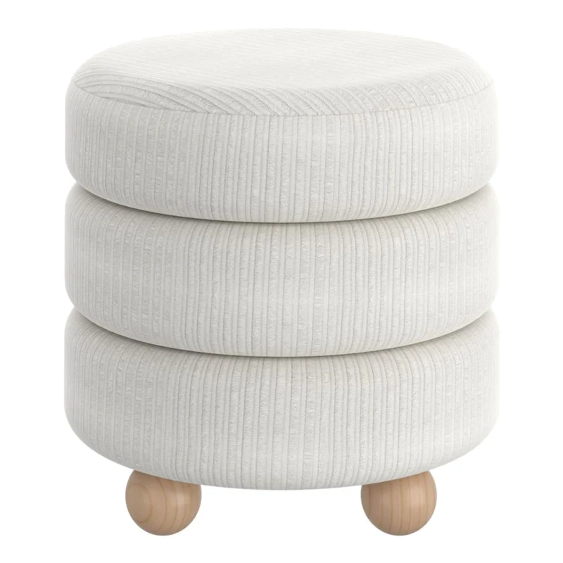 Pouf rond en tissu canalisé et bois naturel - Willo