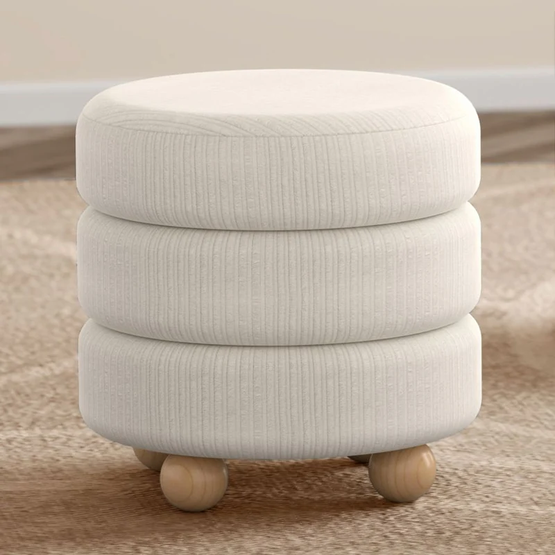 Pouf rond en tissu canalisé et bois naturel - Willo