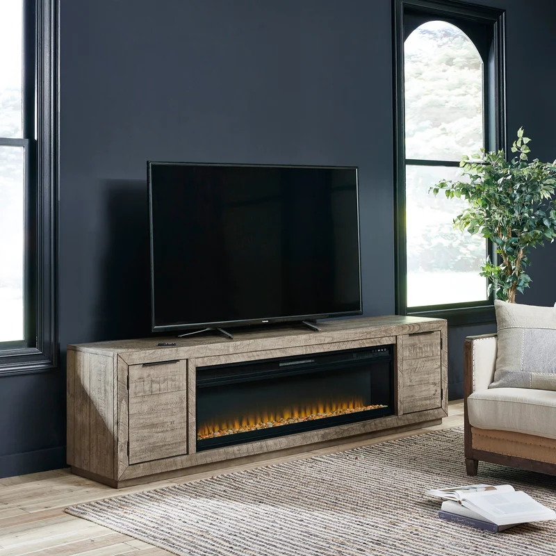 Meuble de télévision en bois/placage gris patiné avec foyer électrique - Krystanza