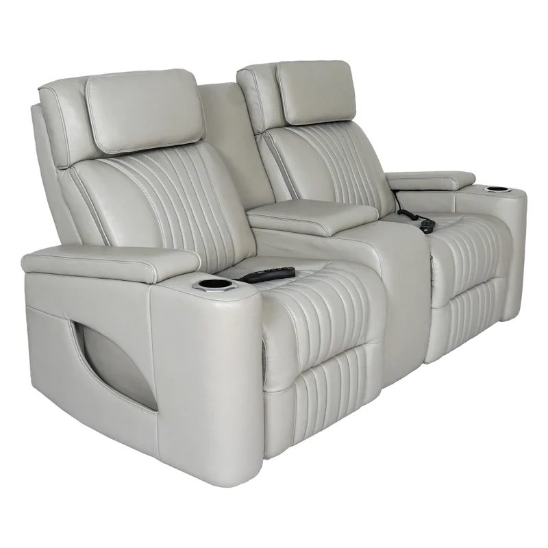 Causeuse inclinable motorisée zéro gravité en cuir gris pâle avec console - K2180