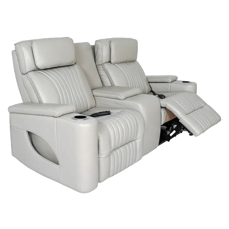 Causeuse inclinable motorisée zéro gravité en cuir gris pâle avec console - K2180