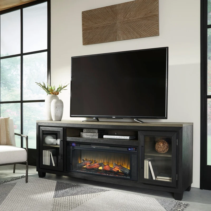 Meuble de télévision en bois/placage bicolore avec foyer électrique - Foyland