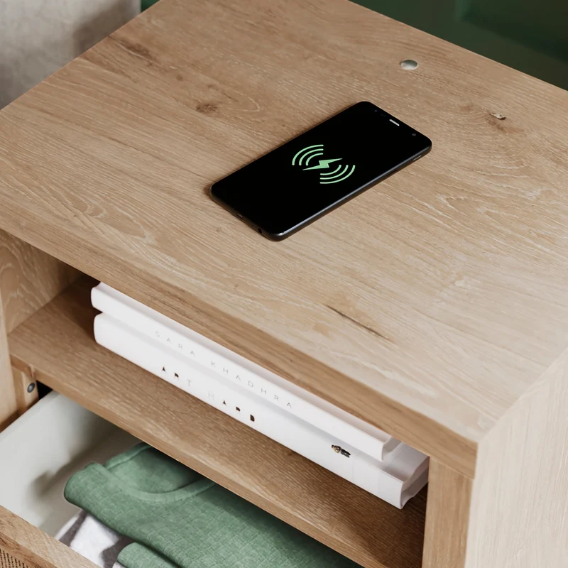 Table de chevet à 1 tiroir en bois/placage beige avec lumière DEL - Cielden