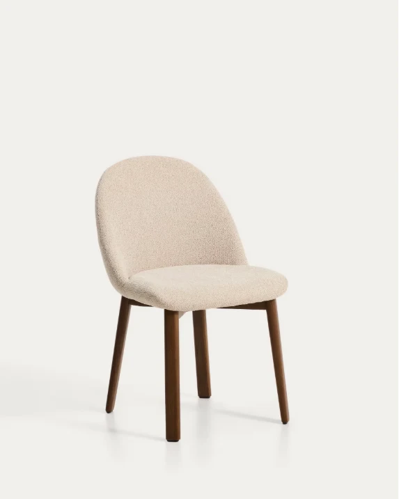 Meila chair in beige chenille with legs in walnut finish