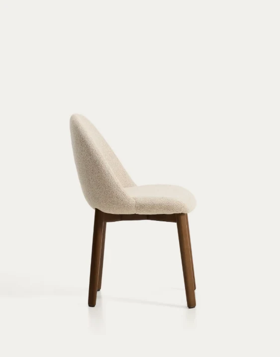 Meila chair in beige chenille with legs in walnut finish