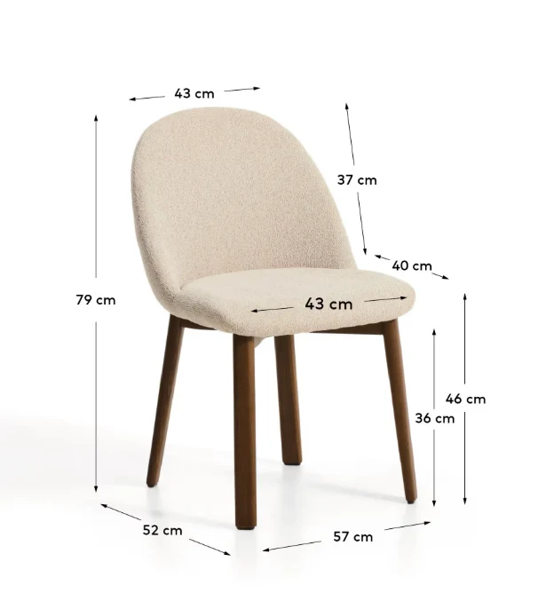 Meila chair in beige chenille with legs in walnut finish