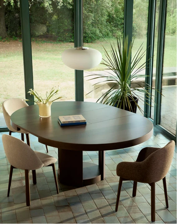 Meila chair in beige chenille with legs in walnut finish