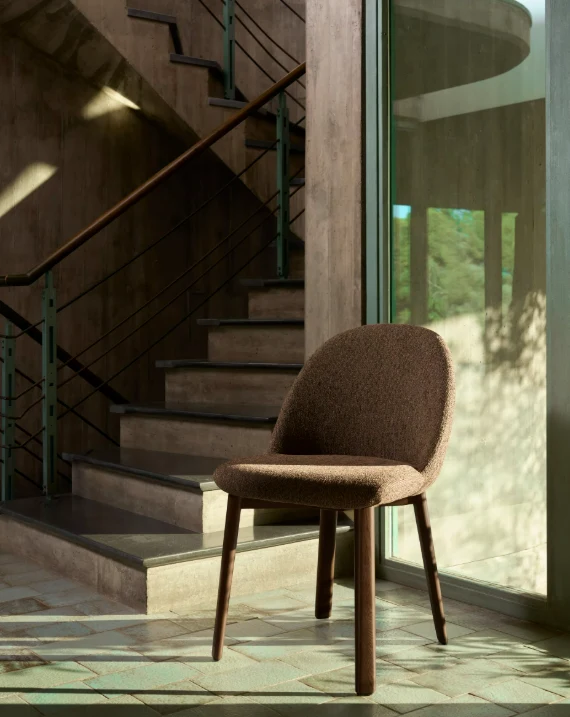 Meila chair in terracotta chenille with legs in walnut finish