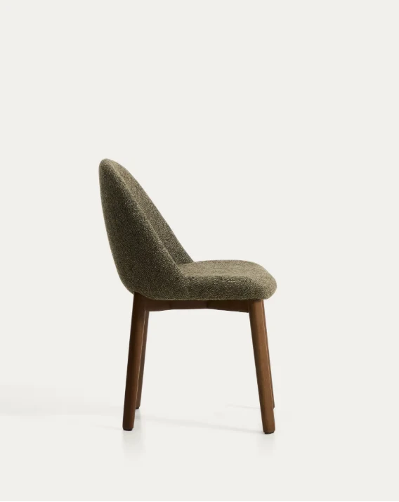 Meila chair in green chenille with legs in walnut finish
