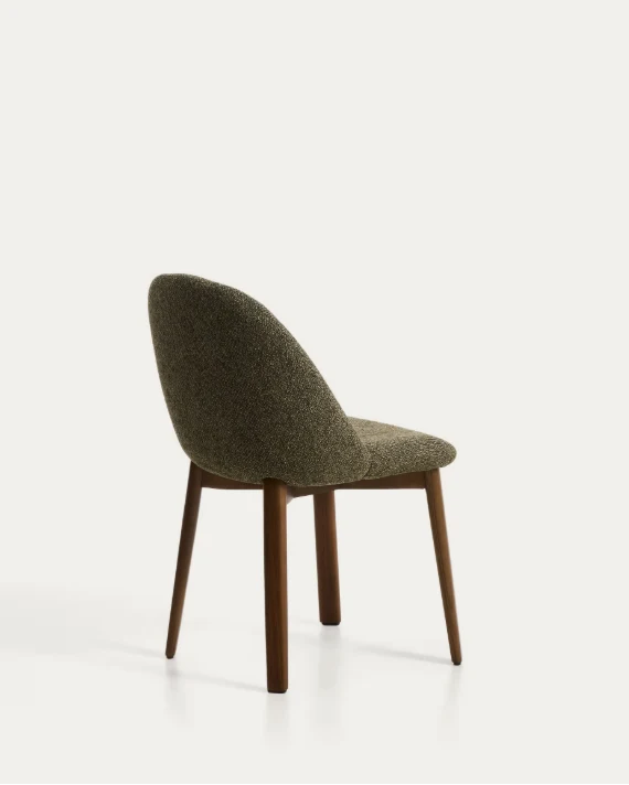 Meila chair in green chenille with legs in walnut finish