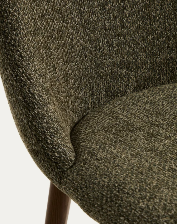 Meila chair in green chenille with legs in walnut finish
