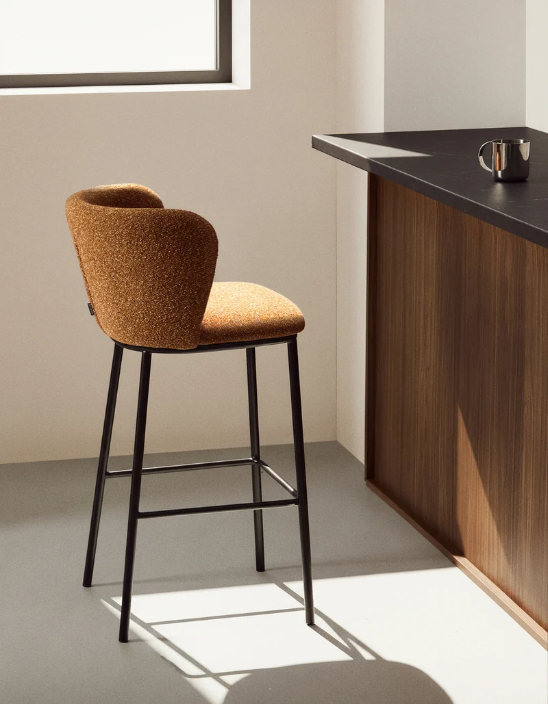 Ciselia terracotta thick chenille stool with black legs 75cm