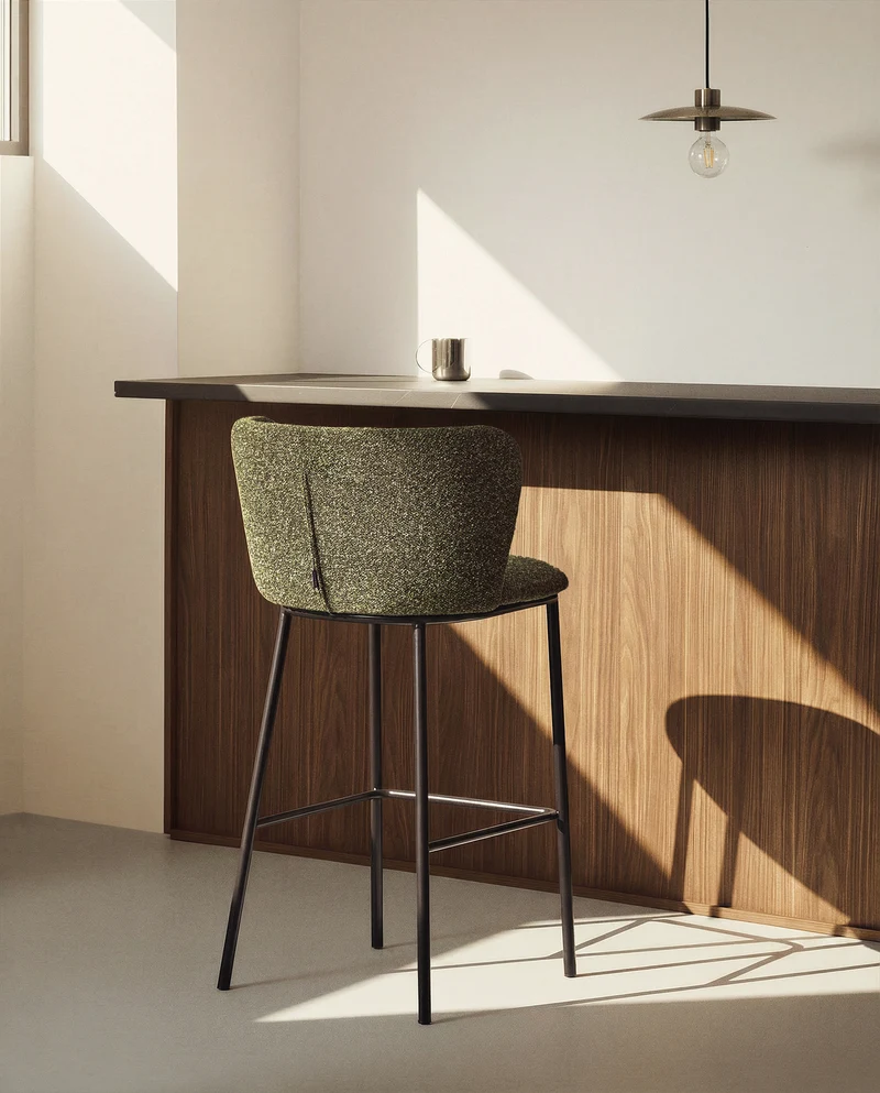 Ciselia dark green thick chenille stool with black legs 75cm