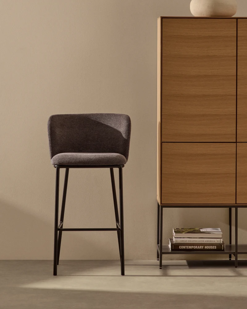 Ciselia stool in dark grey chenille with black legs 65 cm