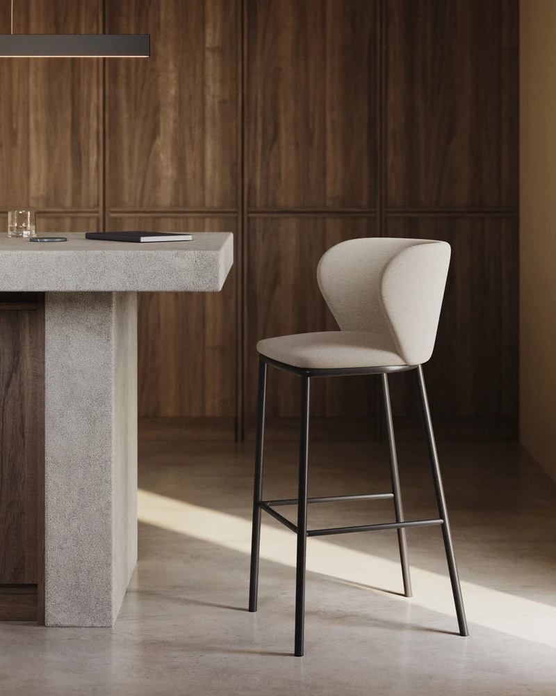 Ciselia stool in beige chenille and black legs 75 cm