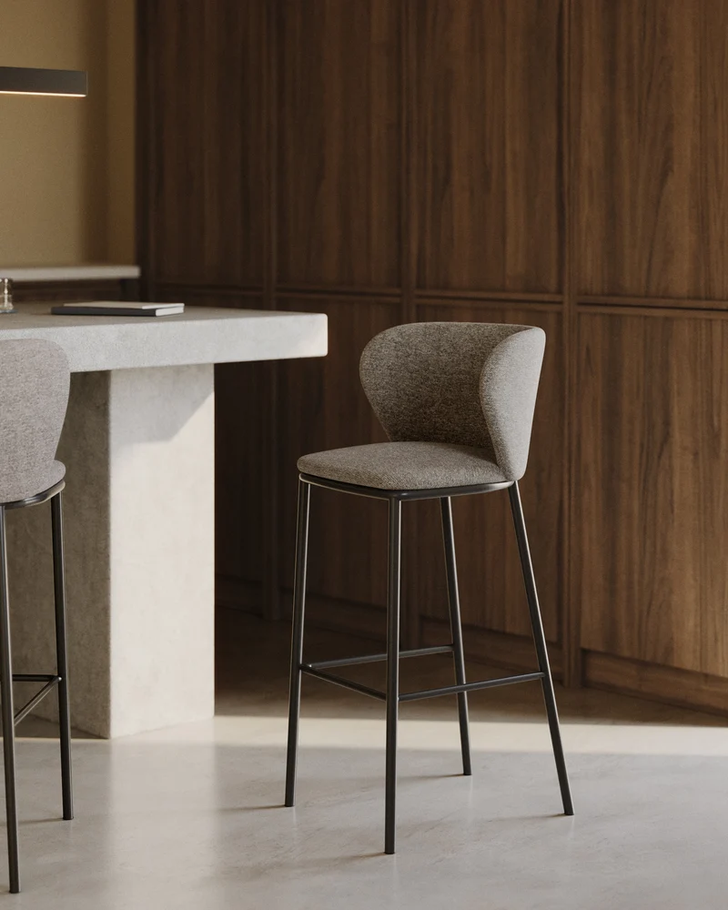 Ciselia stool in light brown chenille and black legs 75 cm