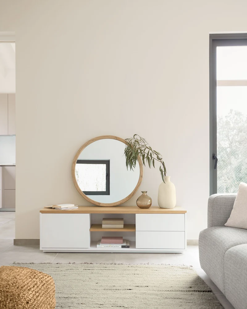 Abilen oak wood veneer TV stand with 1 door & 2 drawers in white lacquer, 150 x 44 cm FSC 100%
