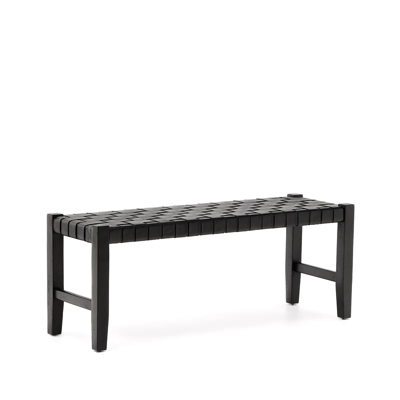 Calixta bench in leather and solid mahogany wood with black finish 120 cm