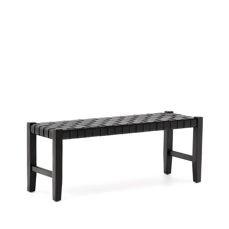 Calixta bench in leather and solid mahogany wood with black finish 120 cm