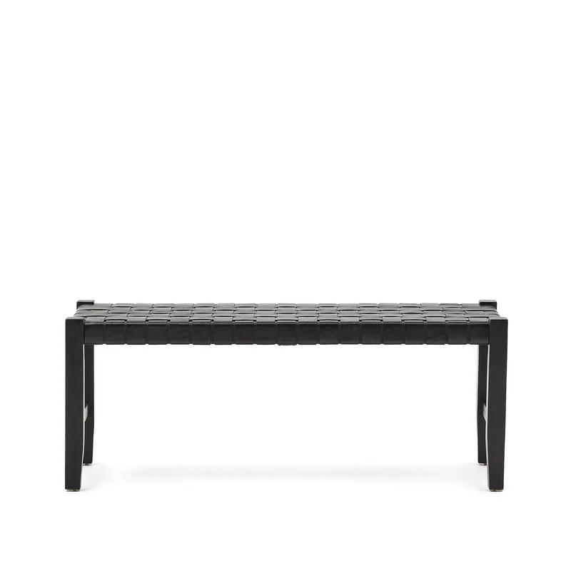 Calixta bench in leather and solid mahogany wood with black finish 120 cm
