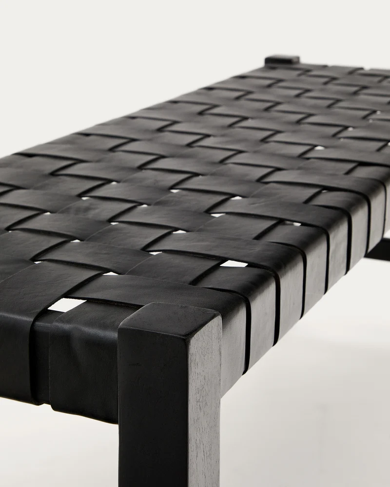 Calixta bench in leather and solid mahogany wood with black finish 120 cm
