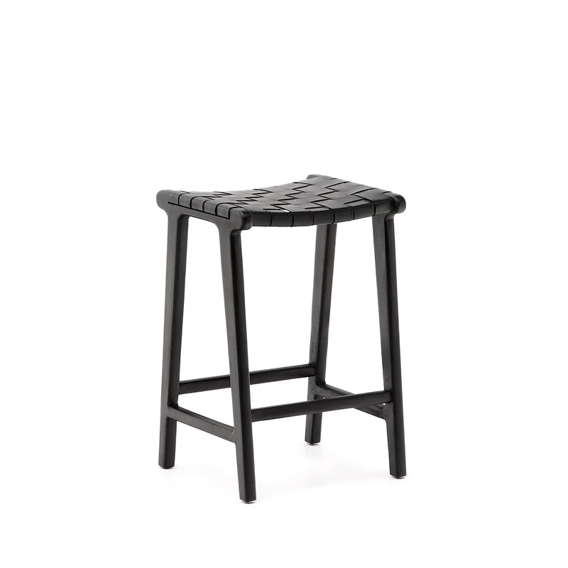 Calixta stool in leather and solid mahogany wood with black finish 67 cm