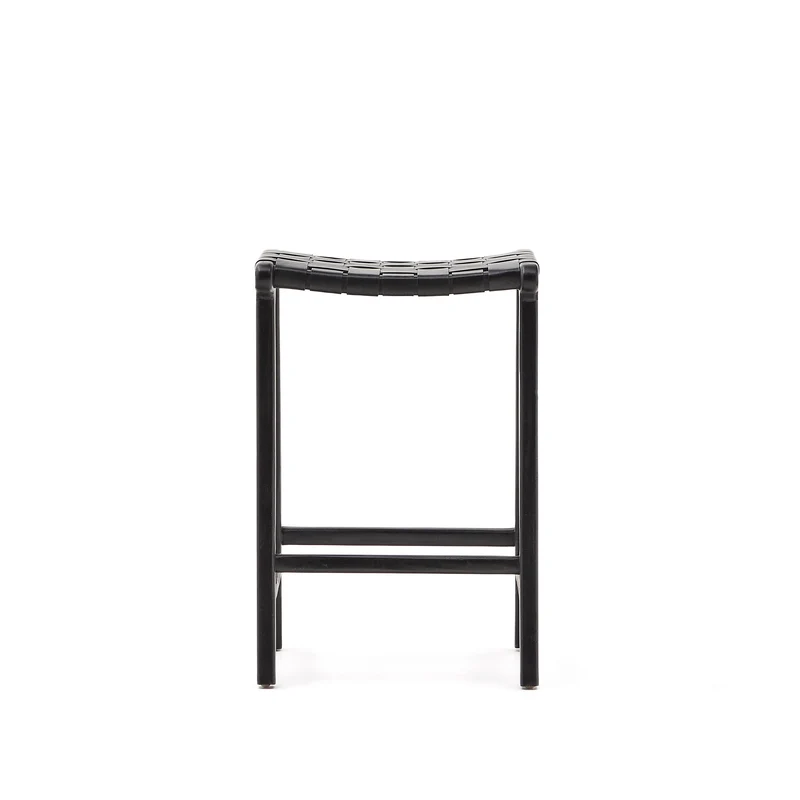 Calixta stool in leather and solid mahogany wood with black finish 67 cm