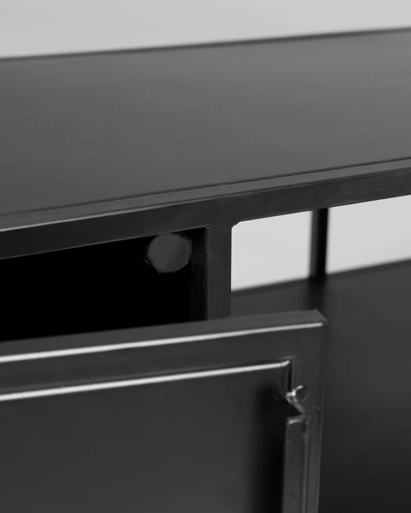 Shantay metal TV stand in a painted black finish with 1 door and drawer, 150 x 50 cm