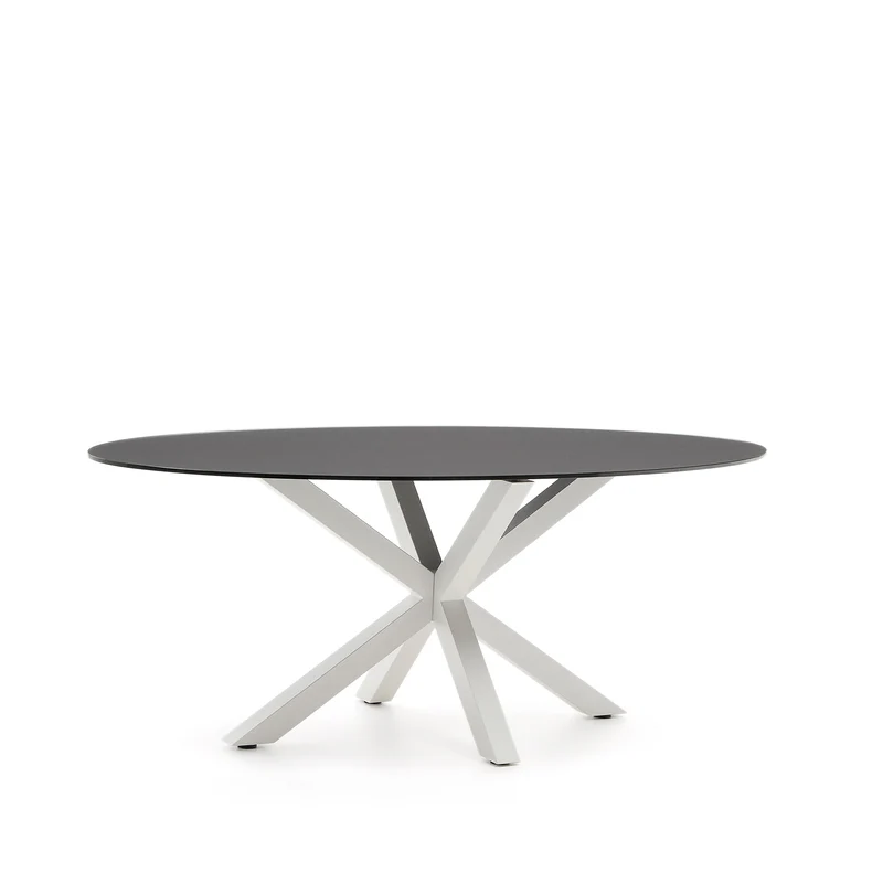 Argo oval table in matt black glass and steel legs with white finish Ø 200 x 100 cm