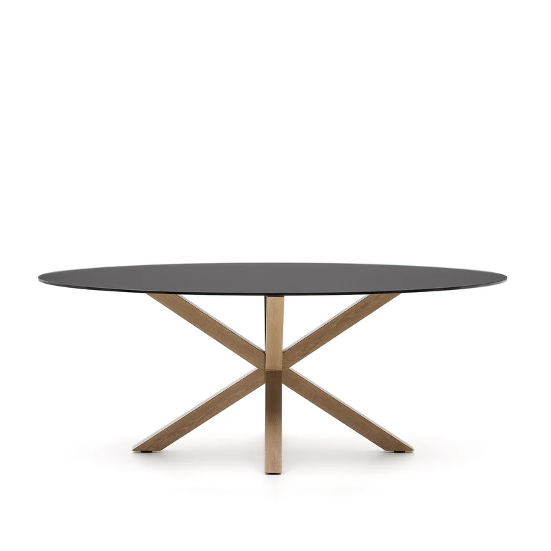 Argo oval table in matt black glass and wood-effect steel legs Ø 200 x 100 cm