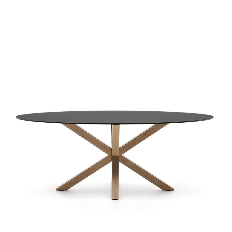 Argo oval table in matt black glass and wood-effect steel legs Ø 200 x 100 cm
