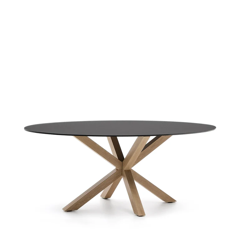 Argo oval table in matt black glass and wood-effect steel legs Ø 200 x 100 cm