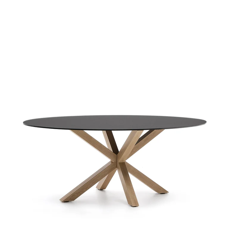 Argo oval table in matt black glass and wood-effect steel legs Ø 200 x 100 cm