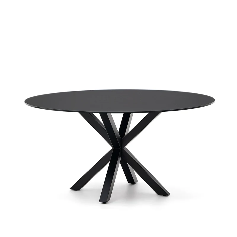 Argo round table with black glass and black steel legs Ø 150 cm