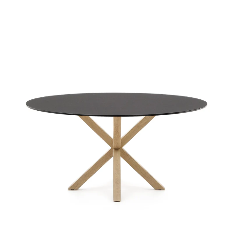 Argo round table in frosted black glass and wood effect steel legs, Ø 150 cm