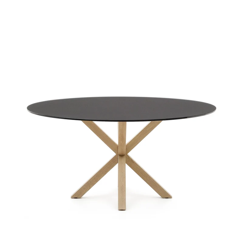 Argo round table in frosted black glass and wood effect steel legs, Ø 150 cm