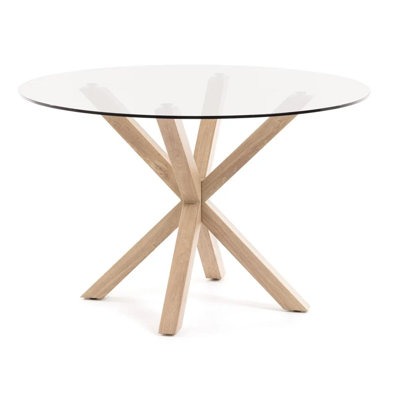 Argo round glass table with steel legs with wood-effect finish Ø 119 cm