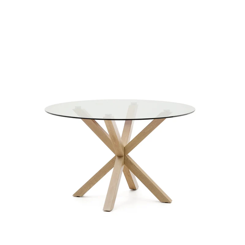 Argo round glass table with steel legs with wood-effect finish Ø 119 cm