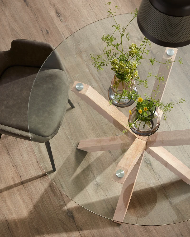 Argo round glass table with steel legs with wood-effect finish Ø 119 cm