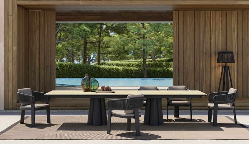 SOLENNA - Table repas outdoor Taupe / plateau céramique Ciment