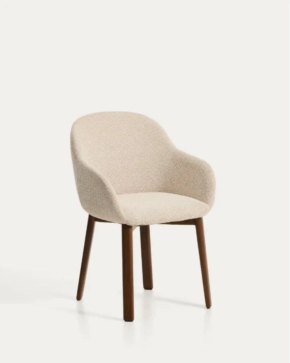 Meila chair with armrests in beige chenille with legs in walnut finish