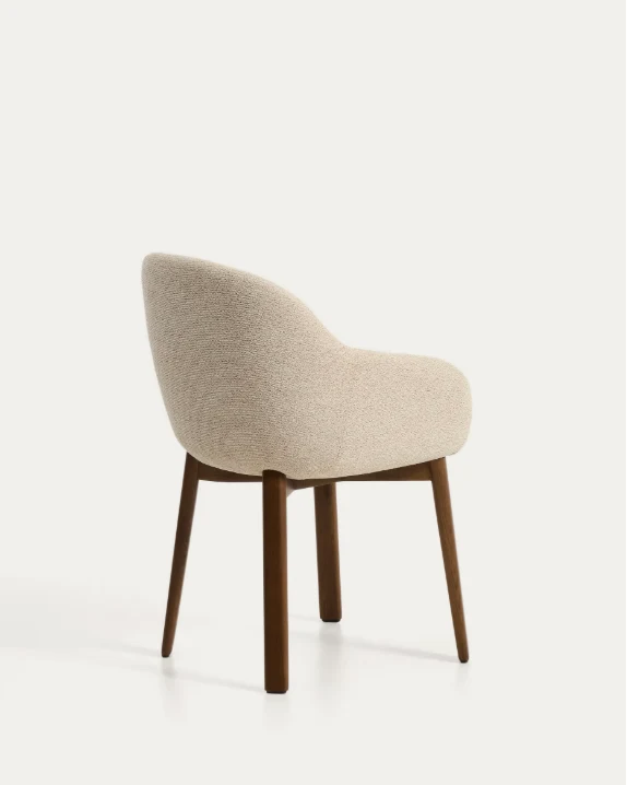 Meila chair with armrests in beige chenille with legs in walnut finish