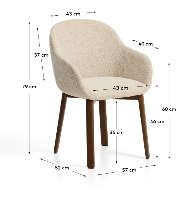 Meila chair with armrests in beige chenille with legs in walnut finish