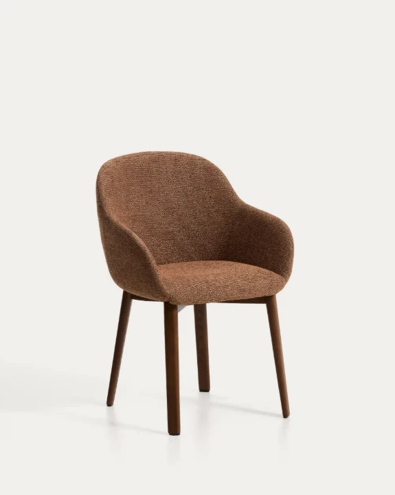 Meila chair with armrests in terracotta chenille with legs in walnut finish