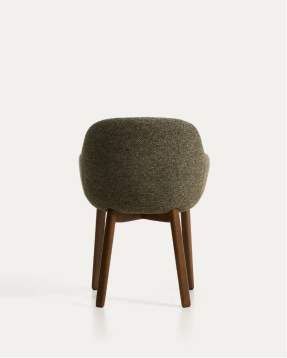 Meila chair with armrests in green chenille with legs in walnut finish.