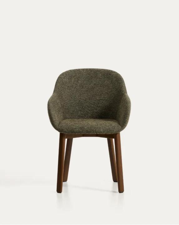 Meila chair with armrests in green chenille with legs in walnut finish.