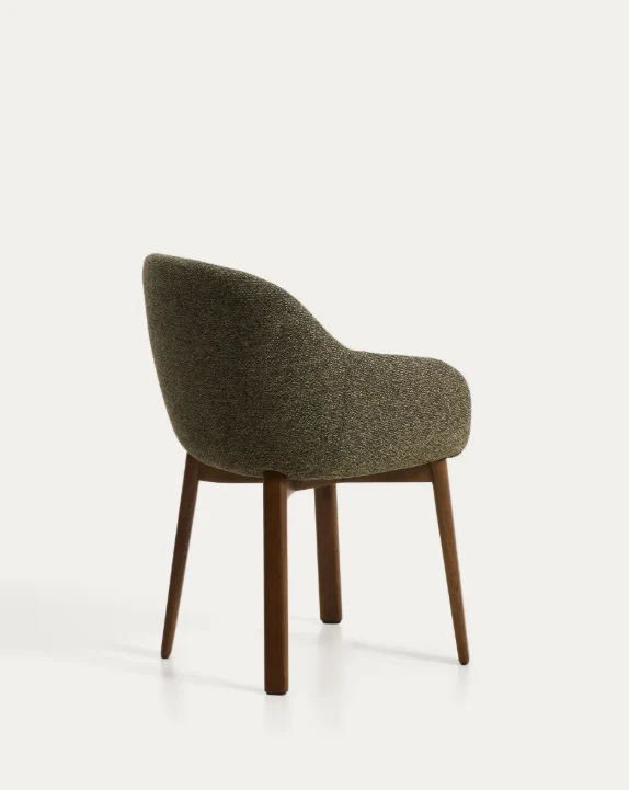 Meila chair with armrests in green chenille with legs in walnut finish.